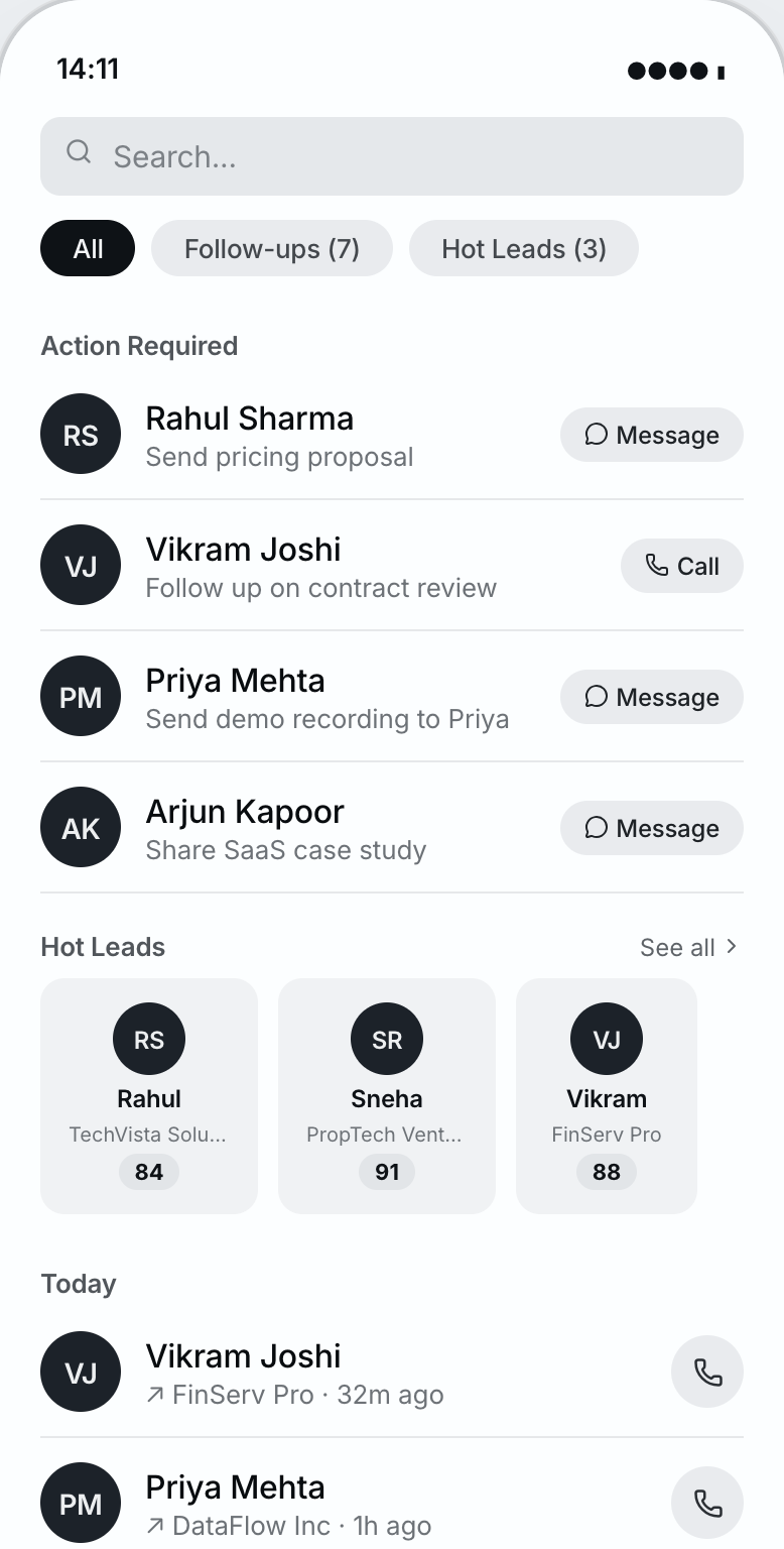 LeadChain home screen showing today's follow-ups and hot leads