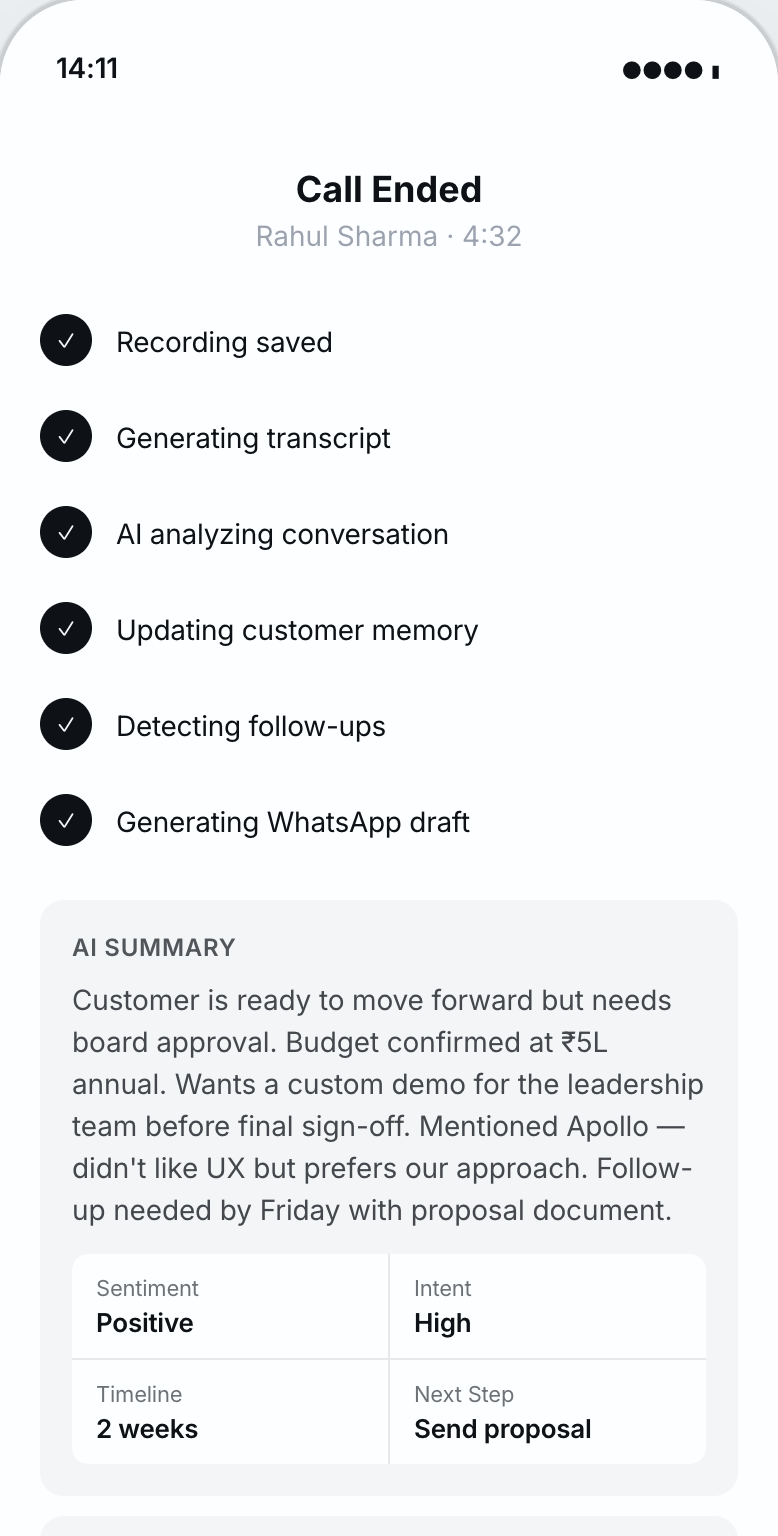 Post-call AI processing showing summary and extracted insights